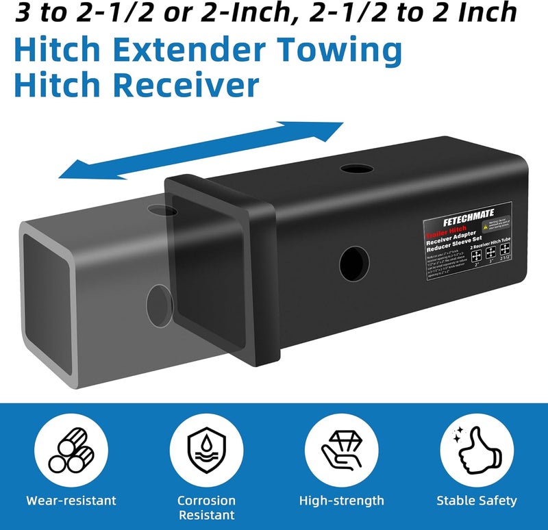 Fetechmate Trailer Hitch Receiver Extender Adapter Reducer Sleeve Set by , 3" to 2", 3" to 2-1/2", 2-1/2" to 2" Carbon Steel Extender Towing Trailer Hitch Receiver with Pin & Clip - Image 5